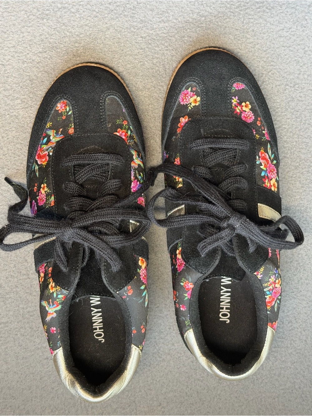 Johnny Was Black Floral Lace-Up Sneakers with silver stripes 8